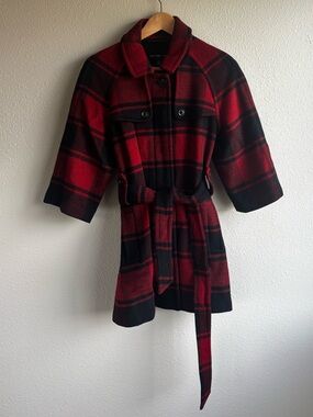 GAP Red and Black Plaid Belted Coat
